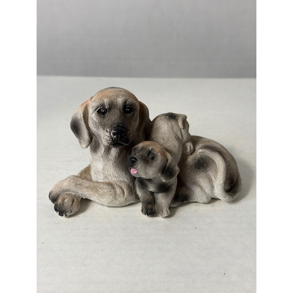 Resin Mother Dog and Puppies Figurine Spotted Tan Grey Lab Mix Statue